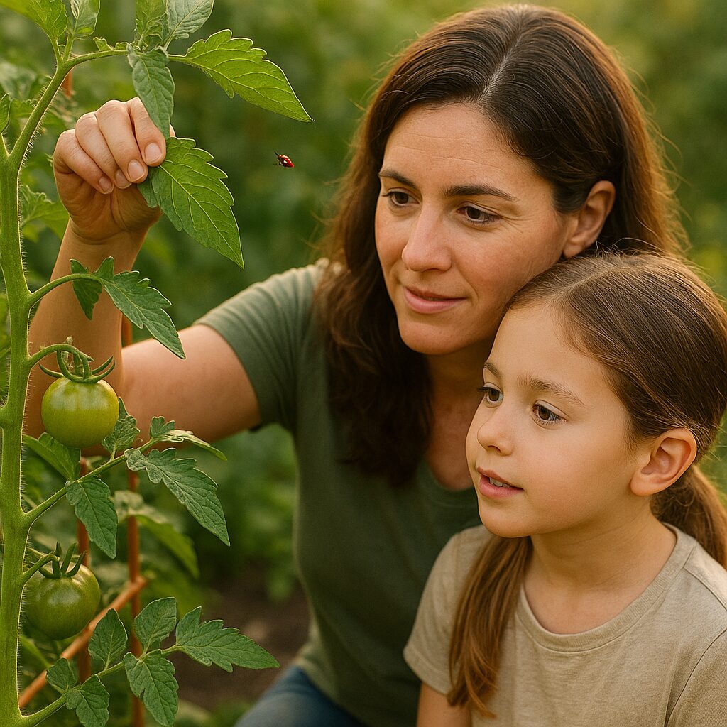A mother gently lifts a leaf on a lush trellised tomato plant while her daughter looks on with curiosity. The two are inspecting the plant in a vibrant backyard garden, with a ladybug flying nearby in the soft evening light.