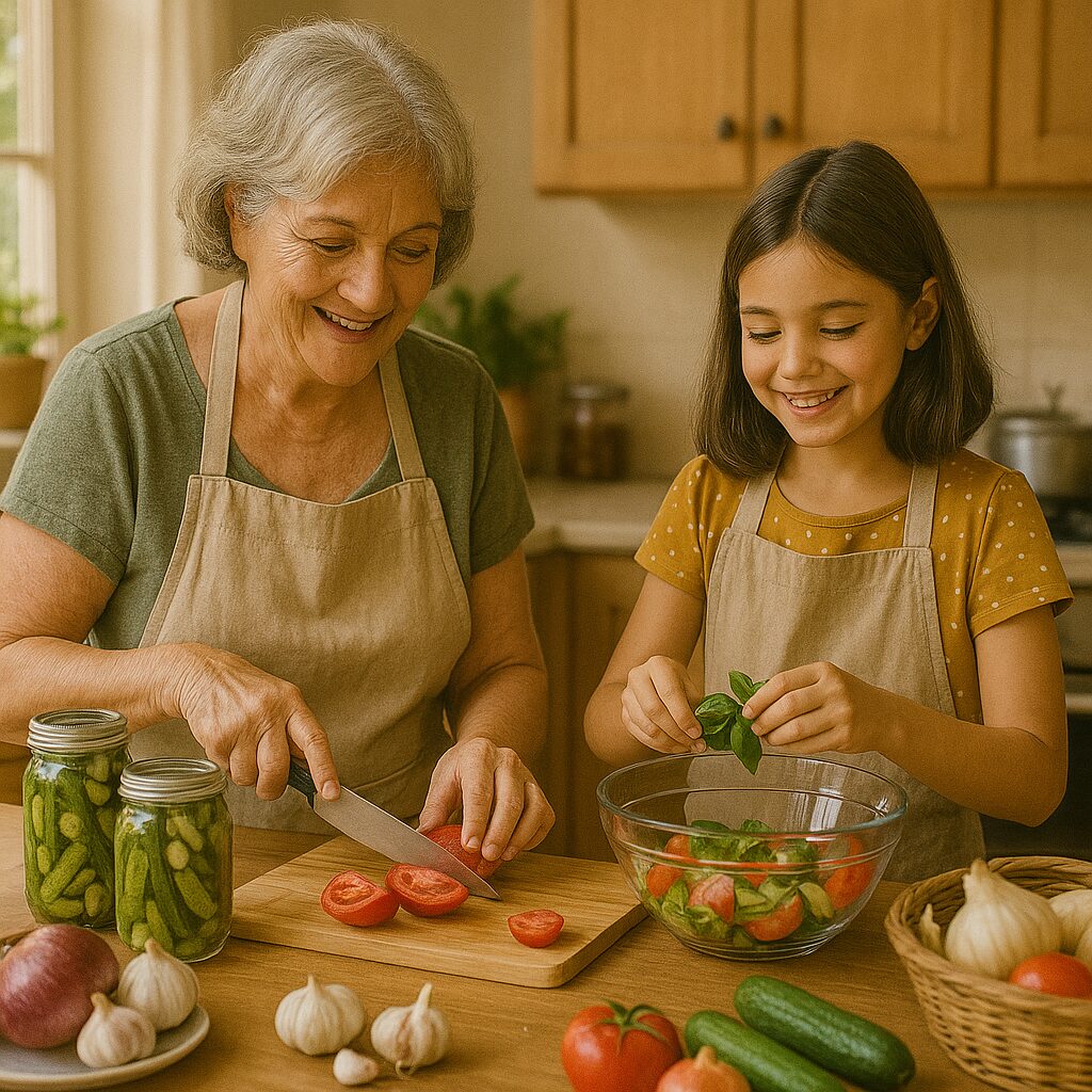 A grandmother and young child are making a salad and canning cucumbers to make pickles