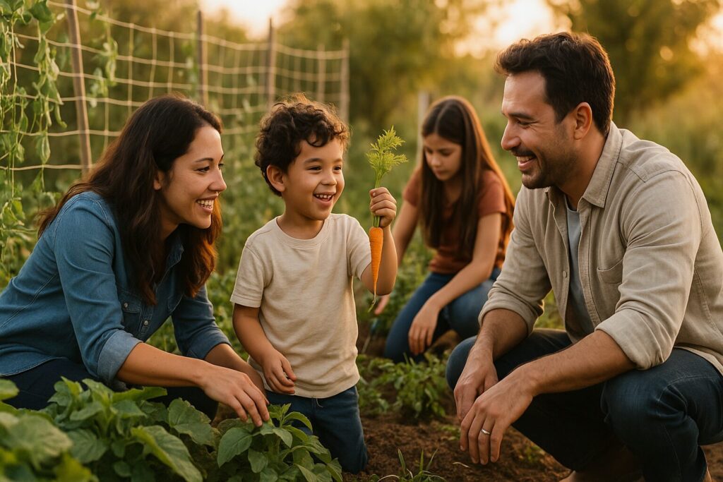 A smiling family of four tends to their vegetable garden during golden hour. The young boy proudly holds up a freshly harvested carrot while both parents crouch nearby, watching with joy. In the background, their daughter kneels, focused on the soil near a trellised row of pea plants, all bathed in warm evening light.