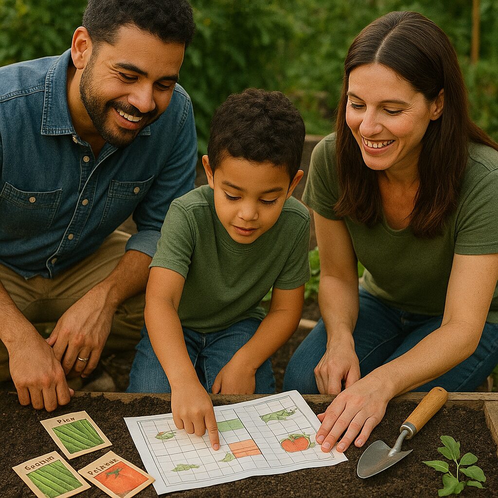 A family looks over a planning grid for their garden