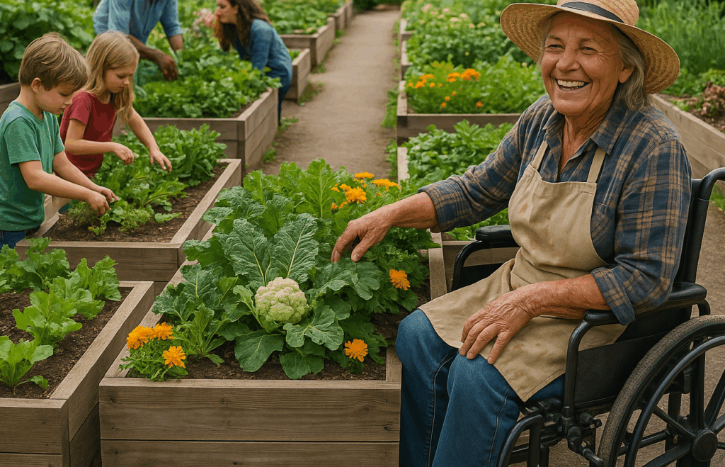 A smiling older woman in a wheelchair tends a raised garden bed filled with vegetables, while children and adults nearby pick produce and care for plants in a lush community garden.