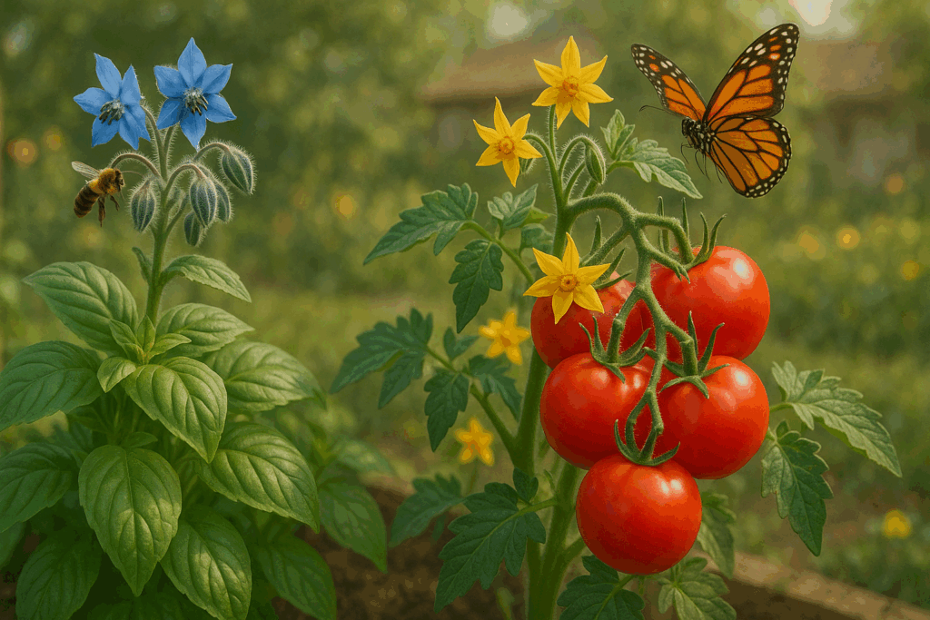 An image of tomatoes, basil, and borage growing together