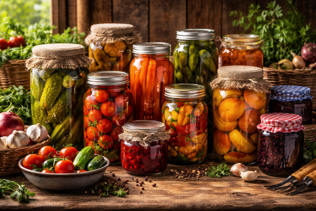 Cans of preserved fruits and veggies