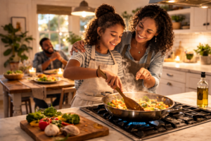 A young girl cooking with Mom in a nice kitchen with dad sitting at the kitchen table behind them.