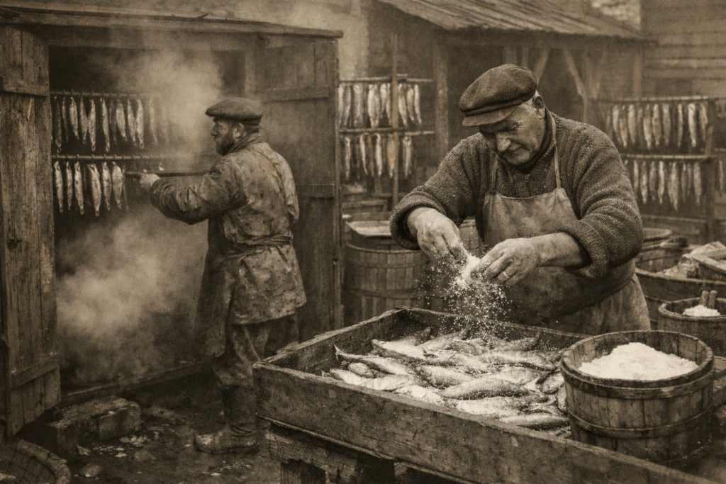 A historic photo f fishermen salting fish in the early 20th century