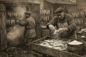 A historic photo f fishermen salting fish in the early 20th century