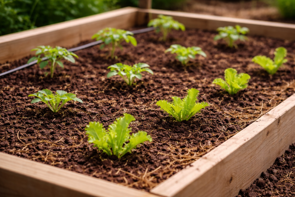 Well spaced plants in a raised bed.
