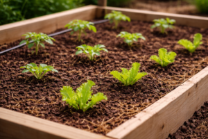 Well spaced plants in a raised bed.