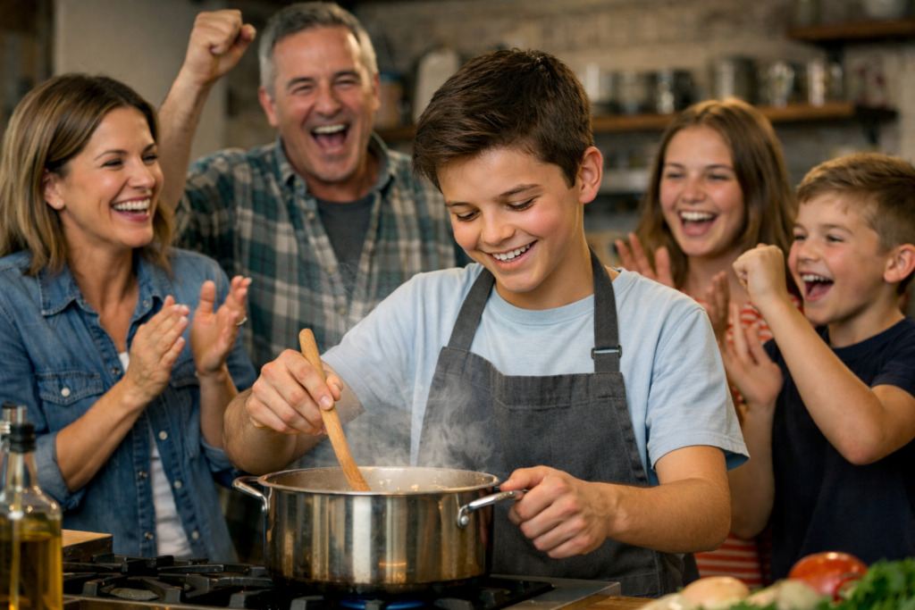 A preteen stirring food in a pot while his family cheers him on. Meant to be a funny picture.