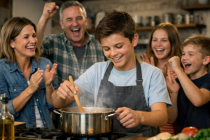 A preteen stirring food in a pot while his family cheers him on. Meant to be a funny picture.